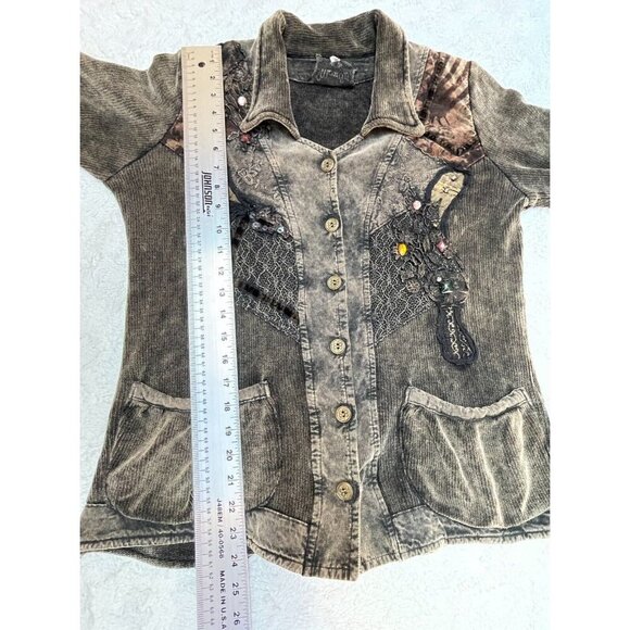 Marilu Embellished Beaded Sequin Jacket Burnout Patchwork S/M Gray Boho Italy - Picture 3 of 12